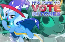 Size: 900x582 | Tagged: safe, artist:pixelkitties, derpibooru import, trixie, pony, unicorn, cape, clothes, hat, lidded eyes, looking back, open mouth, smiling, solo, statue of liberty, swinging, witch