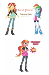 Size: 830x1275 | Tagged: safe, artist:berrypunchrules, derpibooru import, rainbow dash, sunset shimmer, equestria girls, eyes closed, female, fusion, lesbian, multiple arms, shipping, simple background, smiling, sunsetdash, white background