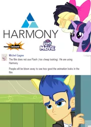 Size: 850x1174 | Tagged: safe, derpibooru import, screencap, flash sentry, songbird serenade, twilight sparkle, equestria daily, equestria girls, my little pony: the movie, flash sentry is not amused, frown, glare, harmony, logo, meme, my little pony logo, pun, sia (singer), smiling, toon boom, unamused