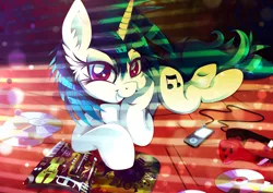 Size: 1920x1358 | Tagged: safe, artist:rariedash, derpibooru import, vinyl scratch, pony, unicorn, 70s, cd, grin, headphones, ipod, looking at you, magazine, mp3 player, prone, smiling, solo, underhoof