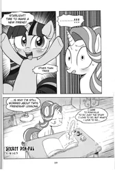 Size: 4064x6041 | Tagged: safe, artist:k-nattoh, derpibooru import, starlight glimmer, twilight sparkle, twilight sparkle (alicorn), alicorn, pony, absurd resolution, blushing, book, bust, comic, dialogue, exclamation point, grayscale, ink, levitation, looking at you, looking down, magic, manga, monochrome, open mouth, pen pal, portrait, quill, telekinesis, translation, underhoof, wide eyes