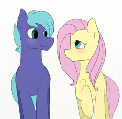 Size: 698x681 | Tagged: safe, artist:amber flicker, derpibooru import, fluttershy, oc, oc:lightning bolt, blushing, canon x oc, flutterbolt, looking at each other, raised hoof, shipping, simple background, smiling