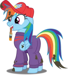 Size: 4542x5000 | Tagged: absurd resolution, artist:dashiesparkle, cap, coveralls, derpibooru import, dirty, grease, hat, mechanic, mechanic coveralls, mouth hold, paintbrush, plot, rainbow dash, rainbutt dash, safe, simple background, solo, .svg available, the cart before the ponies, transparent background, vector