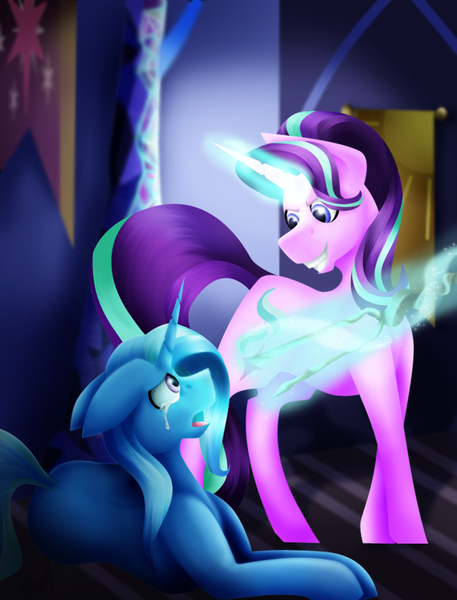 Size: 746x979 | Tagged: safe, artist:flashbrush, deleted from derpibooru, derpibooru import, starlight glimmer, trixie, pony, unicorn, betrayal, corrupted, crying, evil grin, grin, levitation, looking at each other, looking down, looking up, magic, open mouth, prone, s5 starlight, smiling, staff, staff of sameness, telekinesis, this will end in communism