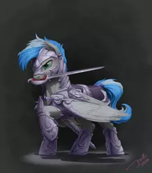 Size: 2500x2859 | Tagged: safe, artist:1jaz, derpibooru import, oc, oc:cloud zapper, unofficial characters only, pegasus, pony, armor, fight, mouth hold, night guard, solo, sword, tail wrap, weapon