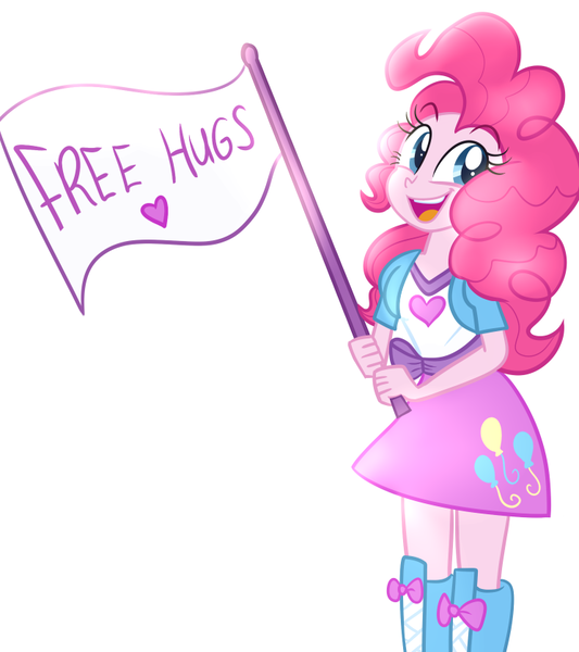 Size: 744x838 | Tagged: safe, artist:wubcakeva, derpibooru import, pinkie pie, equestria girls, balloon, boots, clothes, cute, diapinkes, flag, free hugs, happy, heart, high heel boots, holding, open mouth, sign, simple background, skirt, smiling, solo, white background