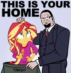 Size: 878x900 | Tagged: safe, derpibooru import, penn jillette, sunset shimmer, human, equestria girls, /pol/, 4chan, abuse, downvote bait, into the trash it goes, shimmerbuse, sunset shimmer's trash can, trash, your waifu is trash