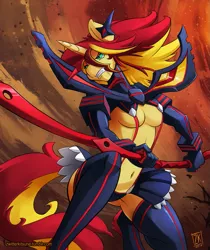 Size: 757x900 | Tagged: absolute cleavage, ami koshimizu, anthro, artist:zwitterkitsune, belly button, breasts, cleavage, clothes, cosplay, costume, crossover, derpibooru import, female, gritted teeth, kill la kill, ryuko matoi, scissor blade, senketsu, solo, solo female, suggestive, sunset shimmer, underboob, voice actor joke