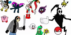 Size: 2148x1064 | Tagged: safe, artist:brony96, derpibooru import, discord, oc, oc:loony sketch, oc:vanna melon, gastly, pony, voltorb, bill cipher, boo, doodle dump, doodles, flowey, friday the 13th, gravity falls, jason voorhees, kirby, kirby (character), lord death, papyrus (undertale), pokémon, soul eater, super mario bros., undertale, vanna melon, vannamelon