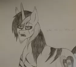 Size: 2378x2102 | Tagged: safe, artist:teardrop, derpibooru import, oc, oc:issac, unofficial characters only, pony, unicorn, double tongue, male, monochrome, open mouth, solo, stallion, stripes, traditional art