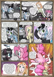 Size: 1363x1920 | Tagged: safe, artist:pencils, derpibooru import, fluttershy, maud pie, pinkie pie, oc, oc:mascara maroon, oc:moonglow twinkle, oc:sky shatter, earth pony, pegasus, pony, satyr, unicorn, comic:anon's pie adventure, bag, clothes, comic, dialogue, dress, female, fence, flying, glasses, grass, hat, lidded eyes, male, mare, mouth hold, open mouth, piggyback ride, police, prank, shirt, speech bubble, stallion, tail bow, unamused, uniform