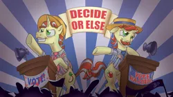 Size: 1920x1080 | Tagged: safe, artist:flavinbagel, derpibooru import, flam, flim, pony, unicorn, abstract background, banner, brothers, duo, election, flim flam brothers, intertwined tails, podium, politics