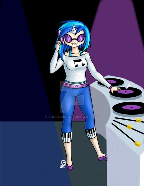 Size: 900x1165 | Tagged: artist:yunsildin, derpibooru import, horned humanization, human, humanized, safe, solo, turntable, vinyl scratch, watermark