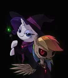 Size: 974x1115 | Tagged: semi-grimdark, artist:raridashdoodles, derpibooru import, rainbow dash, rarity, cyclops, lich, pegasus, pony, undead, unicorn, bone, clothes, female, gem, glowing eyes, halloween, hat, heart locket, hoodie, jewelry, lesbian, magic, mare, necklace, nightmare night, raridash, scarf, shipping, skeleton, smiling, staff, witch, witch hat