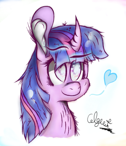 Size: 668x777 | Tagged: safe, artist:colgreat, derpibooru import, twilight sparkle, bust, chest fluff, curved horn, fluffy, heart, portrait, simple background, solo