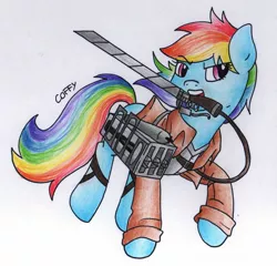 Size: 1799x1727 | Tagged: artist:coffytacotuesday, attack on titan, clothes, crossover, derpibooru import, mouth hold, rainbow dash, safe, shingeki no koyubi, solo, sword, traditional art, weapon