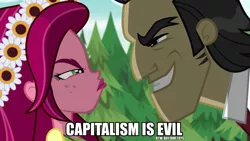 Size: 960x540 | Tagged: safe, derpibooru import, screencap, filthy rich, gloriosa daisy, equestria girls, legend of everfree, buy our toys, capitalism, eye contact, female, frown, glare, grin, hypocrisy, image macro, irony, looking at each other, male, meme, smiling, smirk, wtf