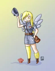 Size: 2549x3299 | Tagged: artist:yunsildin, clothes, derpibooru import, derpy hooves, food, human, humanized, mailmare, muffin, safe, skirt, solo, uniform, winged humanization