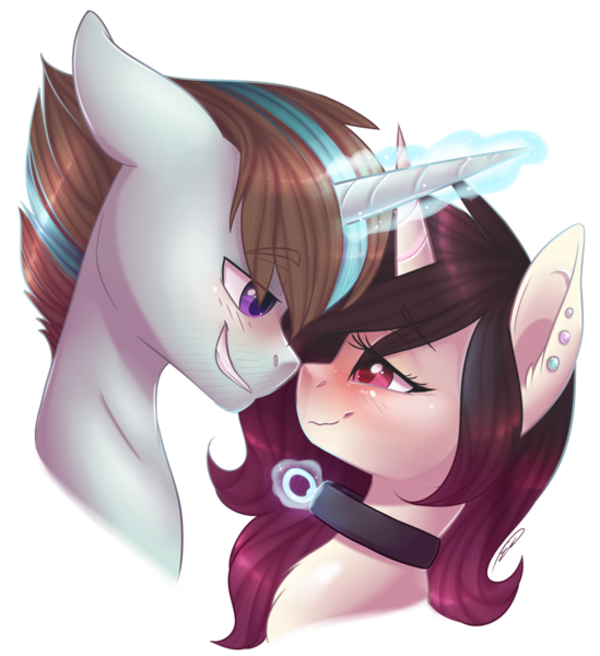 Size: 1164x1273 | Tagged: safe, artist:doekitty, derpibooru import, oc, oc:cobalt, oc:hazel, unofficial characters only, pony, unicorn, blushing, bust, collar, ear piercing, female, floppy ears, glowing horn, horns are touching, looking at each other, magic, male, mare, oc x oc, piercing, shipping, simple background, smiling, stallion, straight, telekinesis, transparent background