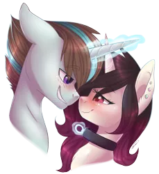 Size: 1164x1273 | Tagged: safe, artist:doekitty, derpibooru import, oc, oc:cobalt, oc:hazel, unofficial characters only, pony, unicorn, blushing, bust, collar, ear piercing, female, floppy ears, glowing horn, horns are touching, looking at each other, magic, male, mare, oc x oc, piercing, shipping, simple background, smiling, stallion, straight, telekinesis, transparent background