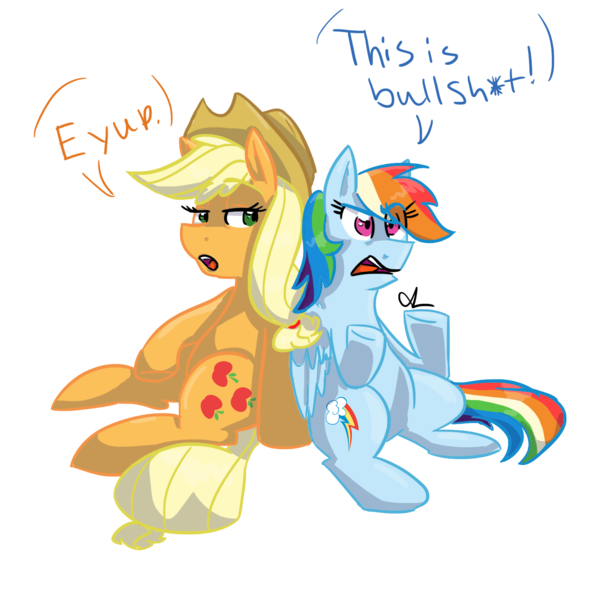 Size: 1479x1444 | Tagged: angry, applejack, artist:pandaamanda11, bullshit, censored dialogue, derpibooru import, dialogue, duo, eeyup, lidded eyes, looking back, open mouth, rainbow dash, reaction image, safe, simple background, sitting, transparent background, underhoof, vulgar