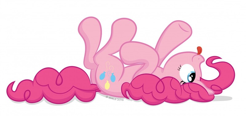 Size: 1280x606 | Tagged: safe, artist:littlehybridshila, derpibooru import, pinkie pie, earth pony, pony, :p, cute, diapinkes, female, horses doing horse things, legs in air, looking up, mare, on back, pointing, ponk, silly, silly pony, simple background, smiling, solo, tongue out, underhoof, upside down, white background