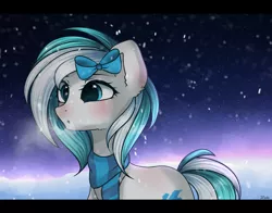 Size: 2000x1570 | Tagged: safe, artist:zella, derpibooru import, oc, unofficial characters only, earth pony, pony, bow, clothes, cute, night, night sky, scarf, snow, snowfall, solo, winter