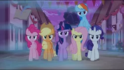 Size: 960x544 | Tagged: safe, derpibooru import, screencap, applejack, fluttershy, pinkie pie, rainbow dash, rarity, twilight sparkle, twilight sparkle (alicorn), alicorn, pony, to where and back again, angry, dream, evil mane six, fog, looking at you, mane six, misty brightdawn, our town, village, walking towards you, wrong neighborhood