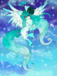 Size: 1500x2000 | Tagged: safe, artist:niniibear, derpibooru import, fly, pegasus, pony, animated, blue, blushing, chest fluff, cloud, custom, cute, female, fluffy, flying, gif, halo, irl, neon, photo, sky, solo, toy, turquoise, white, wings