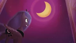 Size: 1365x767 | Tagged: dead source, safe, artist:anima-dos, artist:duo cartoonist, artist:lionheartcartoon, derpibooru import, princess luna, alicorn, pony, the moon rises, crescent moon, evil grin, grin, moon, night, smiling, solo, stars, wallpaper, youtube link