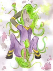 Size: 4896x6605 | Tagged: absurd resolution, artist:sigridmarialer, clothes, derpibooru import, eyes closed, flower, flower in hair, mane-iac, push the legs, solo, suggestive, traditional art, venus flytrap