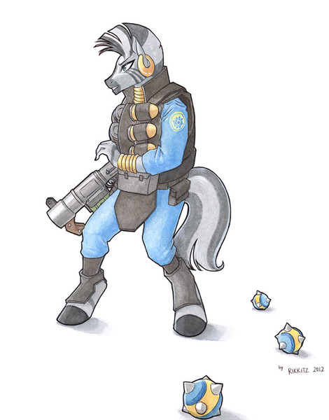 Size: 626x800 | Tagged: anthro, artist:rikkitz, bomb, democora, demoman, derpibooru import, female, gun, neck rings, piercing, safe, solo, stickybomb launcher, sticky bombs, team fortress 2, traditional art, unguligrade anthro, weapon, zebra, zecora