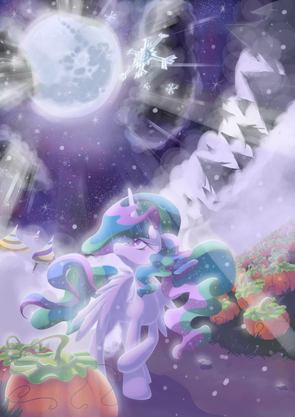 Size: 4961x7016 | Tagged: safe, artist:hananpacha, derpibooru import, princess celestia, alicorn, pony, absurd resolution, full moon, looking at something, looking up, mare in the moon, missing accessory, moon, moonlight, pumpkin, pumpkin patch, snow, snowfall, solo, wings