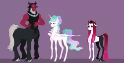 Size: 2000x1016 | Tagged: alternate hairstyle, artist:pikokko, celestirek, centaur, crack shipping, daddy tirek, derpibooru import, female, height difference, hybrid, interspecies offspring, lord tirek, male, oc, oc:princess nebula, offspring, parent:lord tirek, parent:princess celestia, parents:celestirek, princess celestia, safe, shipping, straight, unshorn fetlocks