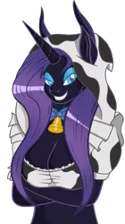 Size: 1108x1982 | Tagged: anthro, artist:kasaler, artist:negasun, bell, breasts, busty nightmare rarity, collaboration, cow, cowbell, cowprint, cow suit, derpibooru import, female, nightmare raricow, nightmare rarity, raricow, rarity, safe, simple background, solo, species swap, transparent background