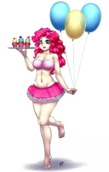 Size: 571x900 | Tagged: adorasexy, artist:pia-sama, balloon, barefoot, belly button, breasts, busty pinkie pie, cleavage, clothes, cupcake, cute, derpibooru import, feet, female, food, human, humanized, legs, looking at you, midriff, miniskirt, open mouth, pinkie pie, raised leg, sexy, simple background, skirt, smiling, solo, solo female, suggestive, white background