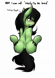 Size: 1541x2183 | Tagged: suggestive, artist:duop-qoub, derpibooru import, oc, oc:anonfilly, unofficial characters only, earth pony, pony, blushing, both cutie marks, dialogue, dock, faggot, female, filly, foal, implied foalcon, large butt, plot, simple background, solo, solo female, the ass was fat, vulgar, white background