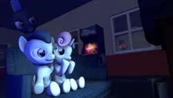 Size: 3840x2160 | Tagged: safe, artist:viranimation, derpibooru import, rumble, sweetie belle, thunderlane, pegasus, pony, unicorn, 3d, arcade machine, colt, female, filly, hoof biting, male, movie, night, playstation 2, rumbelle, rumblebot, scared, shipping, source filmmaker, straight, television