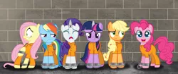 Size: 3000x1262 | Tagged: safe, artist:spellboundcanvas, derpibooru import, applejack, fluttershy, pinkie pie, rainbow dash, rarity, twilight sparkle, annoyed, bound wings, chains, clothes, confused, crying, happy, horn cap, image, magic suppression, mane six, png, prison, prison outfit, prisoner aj, prisoner ft, prisoner pp, prisoner rd, prisoner rr, prisoner ts, restraints, scared, shackles, wing cuffs, worried