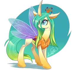 Size: 3769x3593 | Tagged: abstract background, artist:jadedjynx, changedling, changeling, changeling queen, chest fluff, derpibooru import, female, fluffy, frown, good, purified chrysalis, queen chrysalis, reformed, safe, signature, solo, spread wings, to where and back again, what if, wide eyes