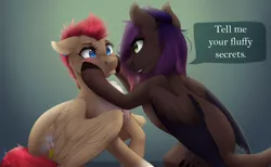 Size: 1300x800 | Tagged: safe, artist:silentwulv, derpibooru import, oc, oc:avery softequine, oc:evening howler, unofficial characters only, pegasus, pony, cheek squish, chest fluff, cute, dialogue, duo, looking at each other, squishy cheeks