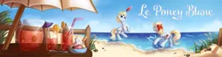 Size: 2250x585 | Tagged: safe, artist:divlight, derpibooru import, oc, oc:brave, oc:ruban, unofficial characters only, earth pony, pony, beach, beach umbrella, food, frisbee, ice cream, le poney blanc