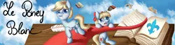 Size: 2250x585 | Tagged: safe, artist:divlight, derpibooru import, oc, oc:brave, oc:ruban, unofficial characters only, earth pony, pony, book, le poney blanc, quill