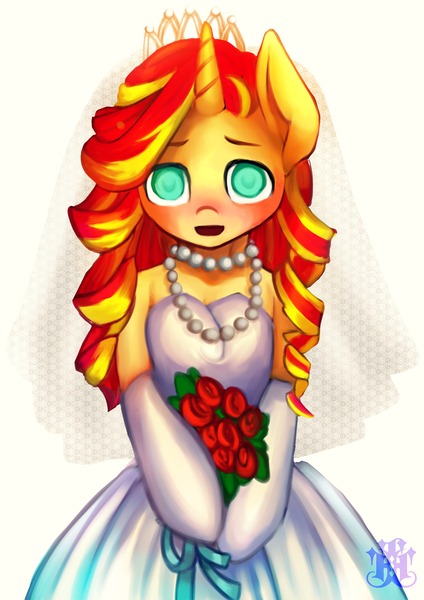 Size: 2893x4092 | Tagged: safe, artist:monochromacat, derpibooru import, part of a set, sunset shimmer, anthro, equestria girls, alternate hairstyle, arm hooves, bipedal, bronybait, clothes, dress, female, flower, jewelry, looking at you, monochromacat's wedding series, necklace, open mouth, part of a series, simple background, smiling, solo, strapless, wedding dress, white background