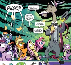 Size: 967x882 | Tagged: safe, artist:andypriceart, derpibooru import, idw, accord, applejack, discord, fluttershy, pinkie pie, rainbow dash, rarity, spike, starlight glimmer, twilight sparkle, twilight sparkle (alicorn), alicorn, dragon, pony, unicorn, chaos theory (arc), spoiler:comic, spoiler:comic48, accord (arc), bowler hat, bowtie, clothes, cropped, eyes closed, facial hair, female, hat, male, mane eight, mane seven, mane six, mare, moustache, official comic, pants, part the first: from chaos comes order, speech bubble, suit, waistcoat