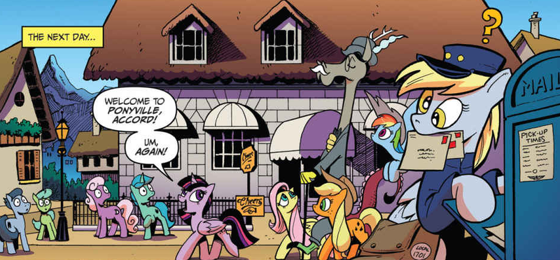 Size: 937x436 | Tagged: safe, artist:andypriceart, derpibooru import, idw, accord, applejack, derpy hooves, fluttershy, rainbow dash, twilight sparkle, twilight sparkle (alicorn), alicorn, draconequus, pony, chaos theory (arc), spoiler:comic, spoiler:comic48, accord (arc), cheers, female, mailmare, male, mare, part the first: from chaos comes order, ponyville