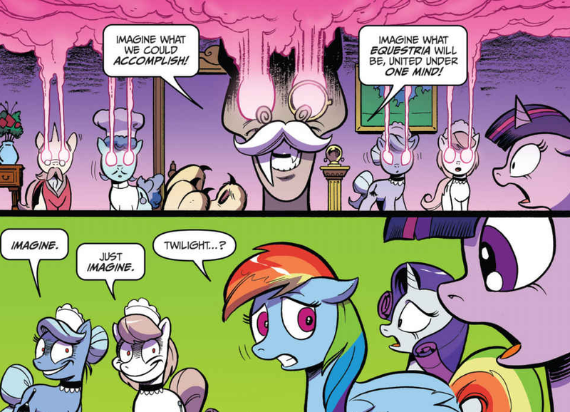 Size: 954x689 | Tagged: safe, artist:andypriceart, derpibooru import, idw, accord, kibitz, rainbow dash, rarity, twilight sparkle, twilight sparkle (alicorn), alicorn, pony, chaos theory (arc), spoiler:comic, spoiler:comic48, accord (arc), hive mind, mind control, part the first: from chaos comes order