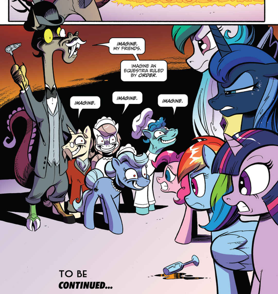Size: 1080x1138 | Tagged: safe, artist:andypriceart, derpibooru import, idw, accord, kibitz, pinkie pie, princess celestia, princess luna, rainbow dash, twilight sparkle, twilight sparkle (alicorn), alicorn, pony, chaos theory (arc), spoiler:comic, spoiler:comic48, accord (arc), mind control, part the first: from chaos comes order, xk-class end-of-the-world scenario