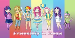 Size: 1024x519 | Tagged: applejack, artist:yunsildin, chibi, derpibooru import, fluttershy, horned humanization, human, humanized, mane seven, mane six, pinkie pie, rainbow dash, rarity, safe, spike, twilight sparkle, winged humanization