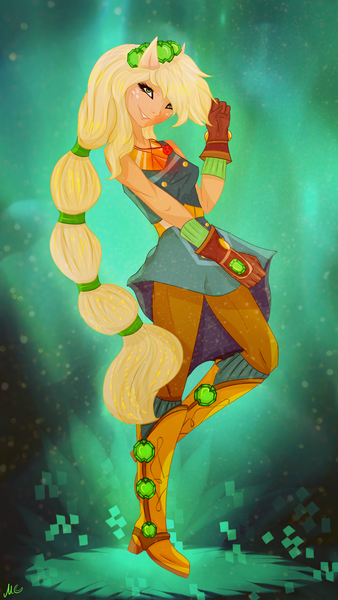 Size: 1500x2666 | Tagged: safe, artist:mirtalimeburst, derpibooru import, applejack, equestria girls, legend of everfree, crystal guardian, ponied up, solo